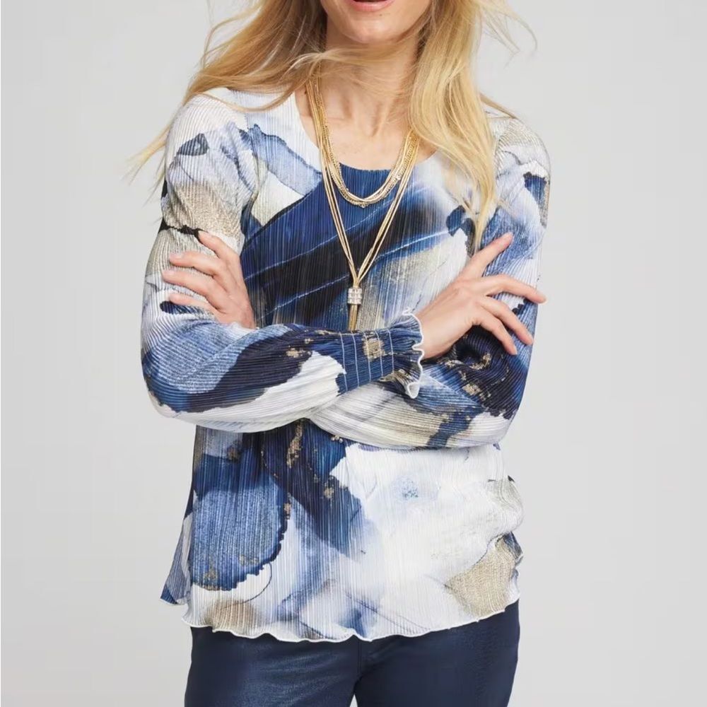 Chico’s Women’s Foil Ocean Print Abstract Artsy Crinkle Blouse Top Size 3 (XL)